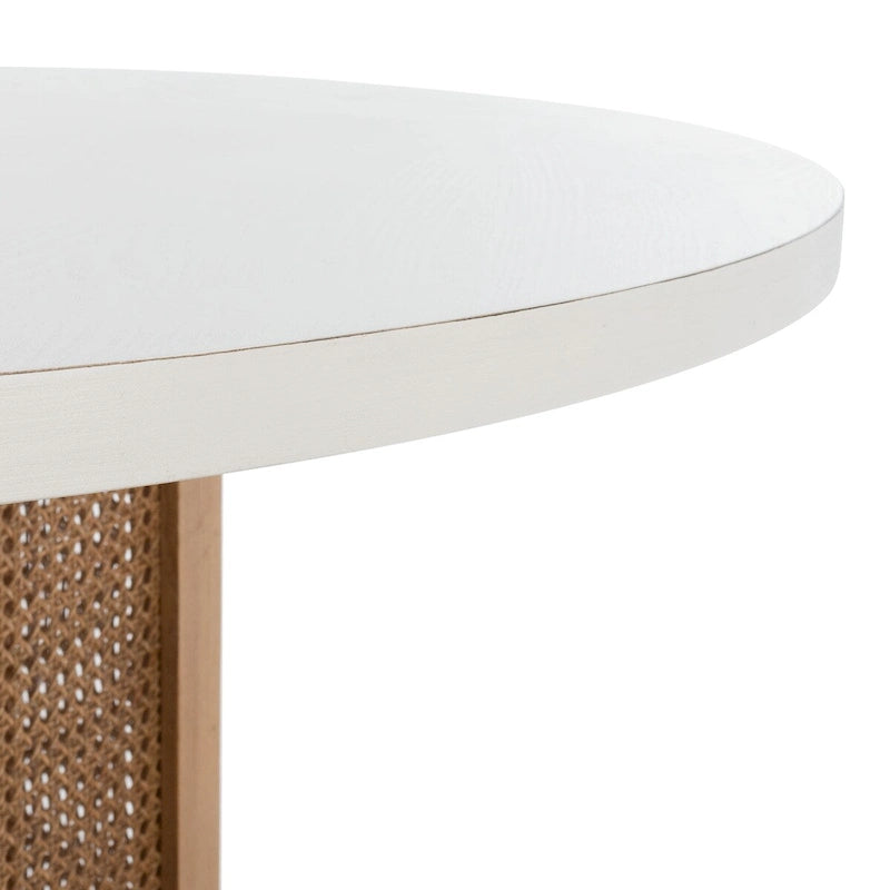 Round Faux Marble Dining Table with Cane Base – White, Hexagonal, Seats 4