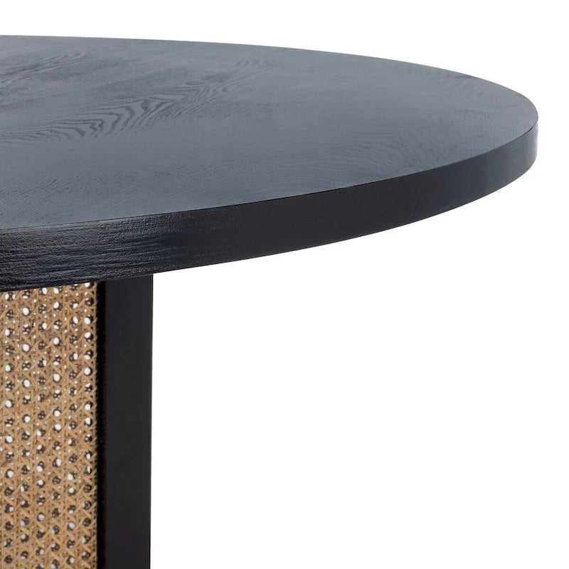 Round Faux Marble Dining Table with Cane Base – White, Hexagonal, Seats 4