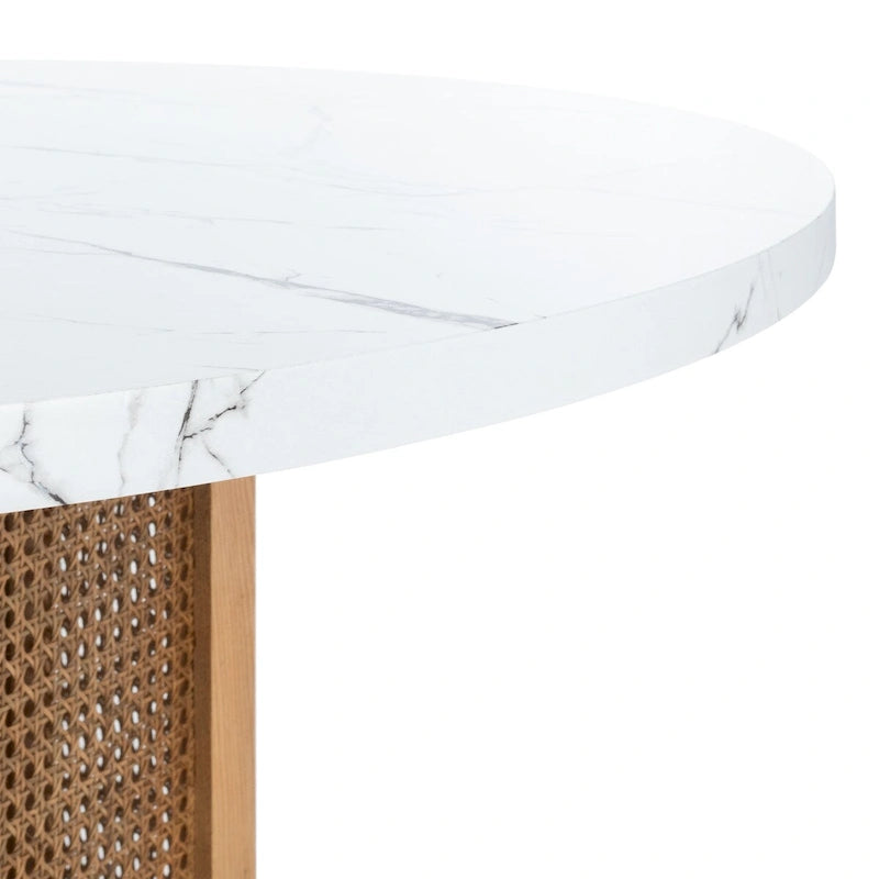 Round Faux Marble Dining Table with Cane Base – White, Hexagonal, Seats 4